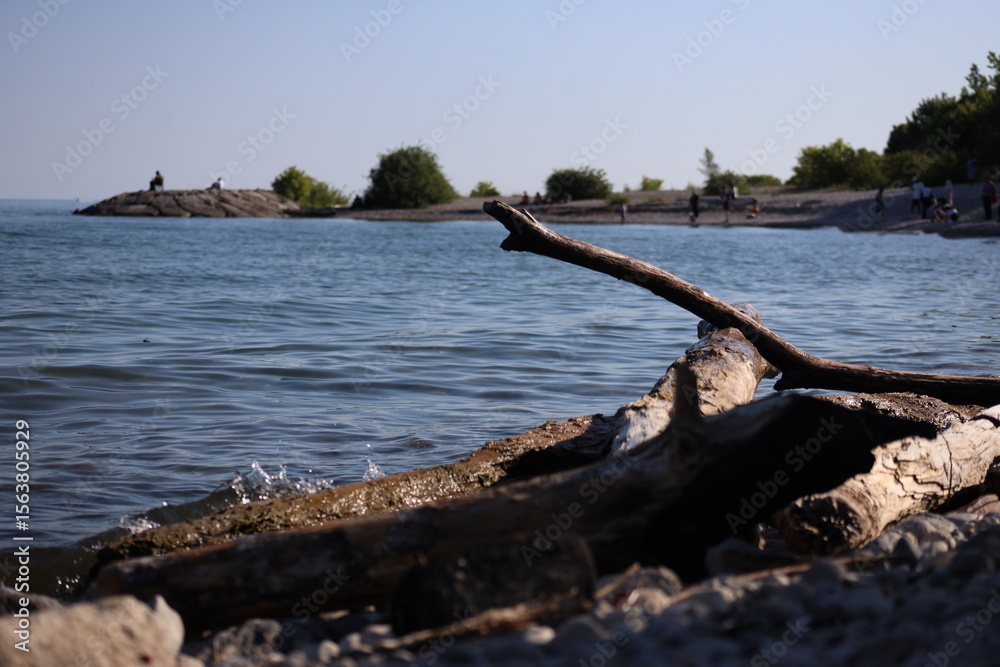 Obraz premium Landscape view of lake and beach, photo was taken from Rough Hill, Toronto. The photo was taken in East York on 30 June 2025