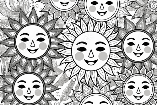 Smiling Sun Coloring Page - Printable Relaxation Art - Black and White Sunshine Design - Therapeutic Coloring Activity - Sun Mandala Art Therapy