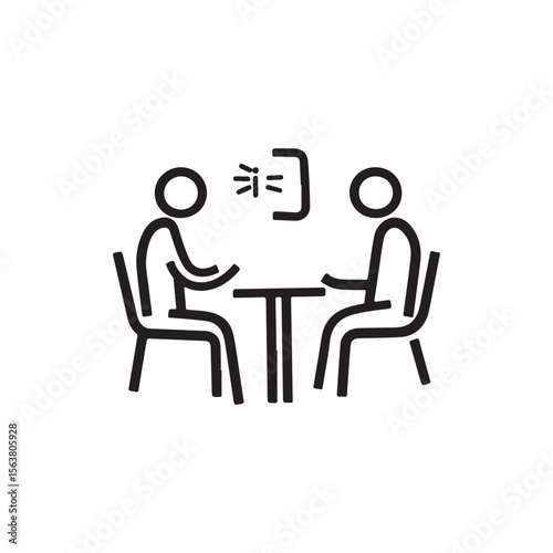 Simple vector illustration depicting two people sitting at a table, engaged in a discussion, meeting, or interview, with a speech icon.