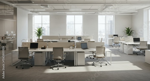 Modern Open Plan Office With Natural Light and Green Plants Creating a Productive and Inviting Workspace Environment