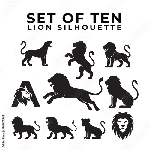 set of ten 10 silhouette designs with different styles of lion, cub, female 