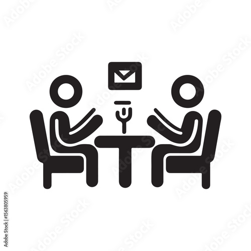 Black and white vector icon of two individuals engaged in a meeting or interview, with a mail envelope symbol, indicating digital communication.
