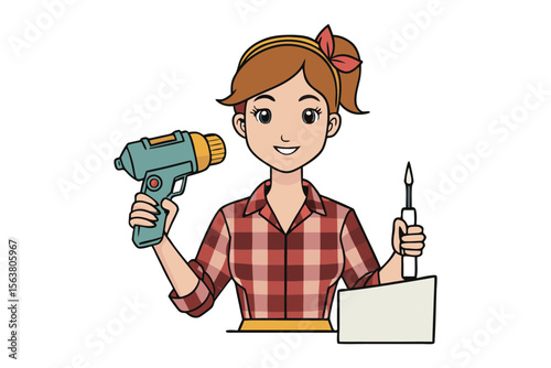Cartoon woman with red plaid shirt holding a drill and a paintbrush ready for home improvement projects