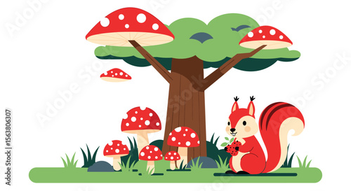 A Cute Red Squirrel Gathers Berries Beneath a Large Tree Surrounded by Bright Red and White Spotted Mushrooms in a Grassy Forest Clearing