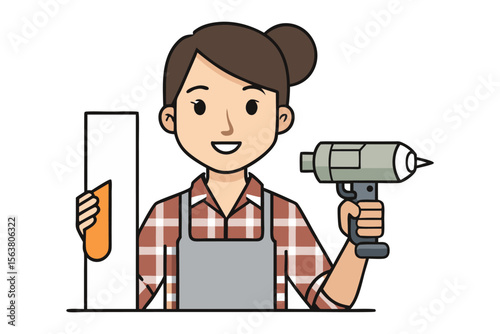Friendly cartoon woman wearing an apron and plaid shirt holding a drill and a piece of wood ready for diy projects