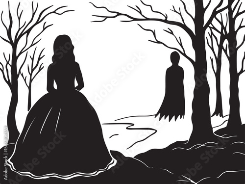 Silhouette illustration of a bride and groom couple in elegant wedding attire