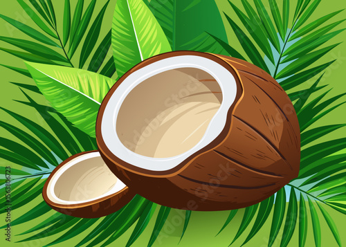 Fresh Coconut halves among lush palm leaves