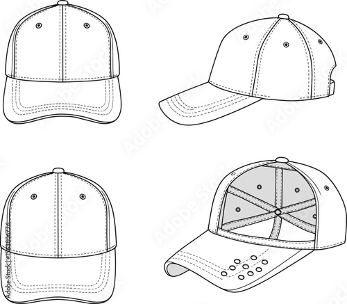 Baseball cap technical sketch, front, side, back, and inside views, structured brim and panel details, adjustable design garment illustration template