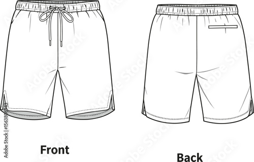 Shorts technical sketch front and back views, elastic waistband with drawstring, angled seams, single back pocket, casual fashion garment illustration