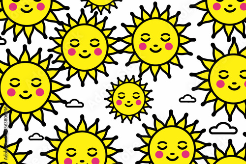 Smiling Sun Pattern-Cute Yellow Sun Background with rosy cheeks-Kids room sunny illustration-Cheerful wallpaper-Cartoon suns and little clouds repeating pattern