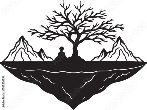 Island seascape with a lone man in a boat and another in a hammock under a silhouetted tree, evoking a serene nature design