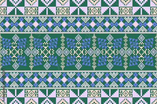 Pixel art ethnic, Pattern fabric pixel, design for background, clothing, decorative, drapery, cloth embroidery, geometric pixel art, handcraft, wallpaper, carpet, bag, card, cushions, Print, ethnic