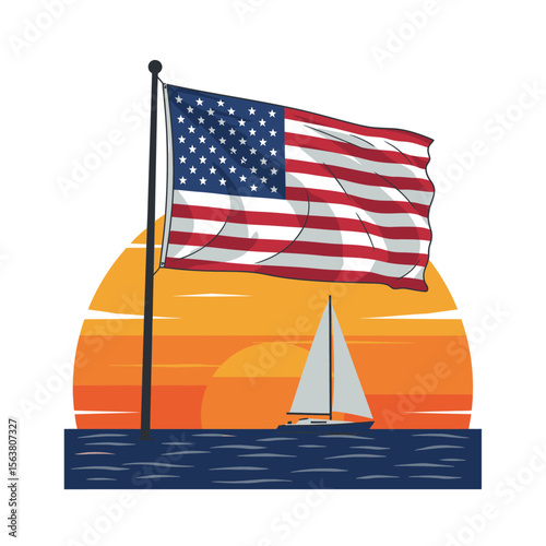 US flag waves beside a sailboat during sunset with clear blue water