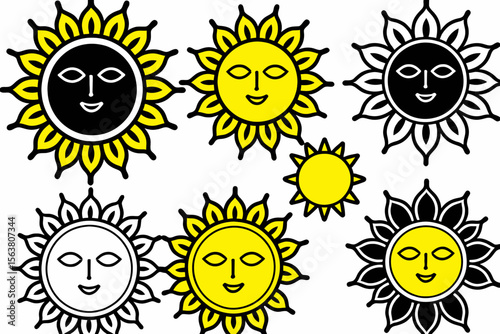 Sun Face Vector Art-Black and Yellow Sunshine Clipart-Summer Solstice Illustration-Happy Sun Icons-Retro Style Celestial Design-Sunbeam Graphics