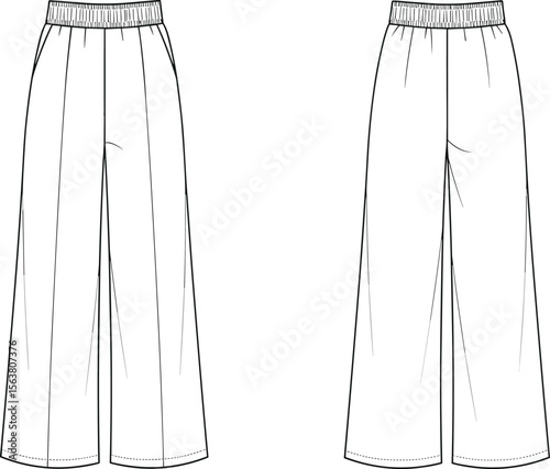 Wide-leg pants technical sketch front and back views, elastic waistband, side pockets, minimal seam design, fashion garment template illustration layout