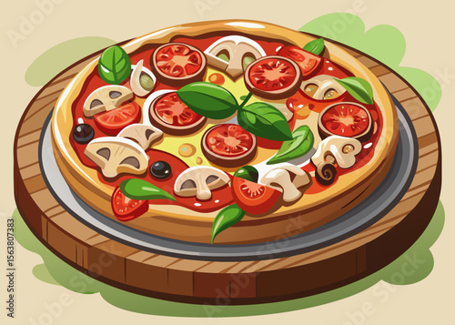 Delicious Pizza with Mushrooms Tomatoes and Olives on Wooden Board