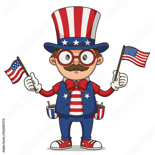 Cartoon man dressed patriotically wearing a hat bow tie vest and holding two US flags