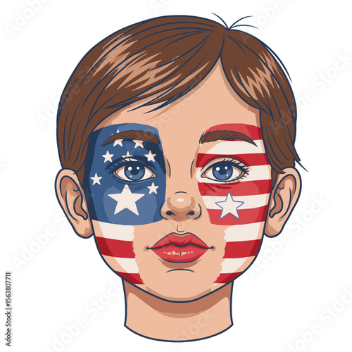 A childs face is painted with the USA flag split between stars and stripes design hair on top