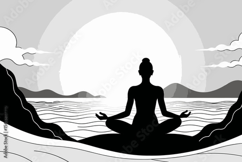 Yoga Meditation by the Sea - Find Inner Peace with Mindful Practices - Serene Black and White Landscape for Relaxation and Wellness - Achieve Calmness Through Yoga