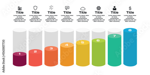 Colorful 3D cylinder infographic with 8 vertical bars numbered from 1 to 8. Each bar increases in height and is topped with a flat icon representing categories such as chart, shield, progress, message