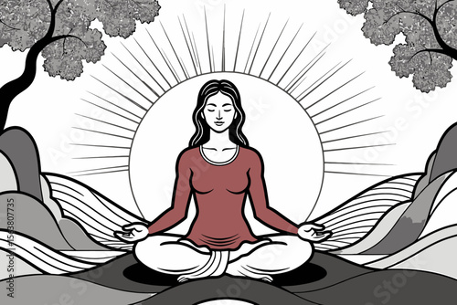Zen Woman Meditating in Nature-Black and White Yoga Art-Spiritual Wellness Illustration-Mindfulness and Inner Peace-Serene Meditation Scene