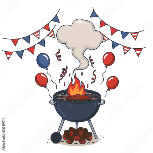 A charcoal grill with flame meat smoke balloons confetti banners and firewood on a white background