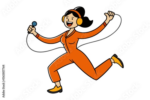 Energetic cartoon woman in orange jumpsuit with headphones and microphone running and singing with joy and enthusiasm