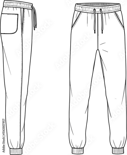 Side and front technical sketches of jogger pants with elastic cuffs, drawstring waist, patch and angled side pockets, garment illustration layout