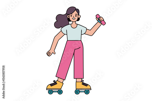 A cheerful woman with purple hair wearing pink pants and a light blue shirt rollerblades while holding a pink dumbbell