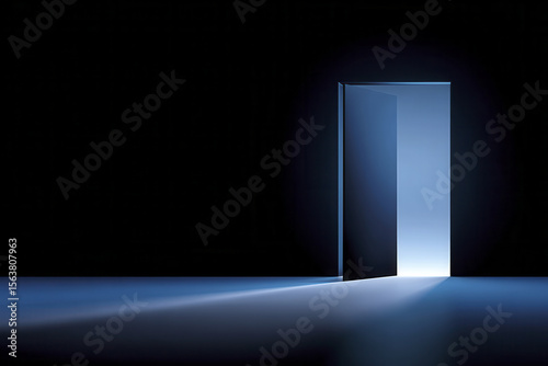 Open door in dark room emits soft blue light symbolizing cybersecurity