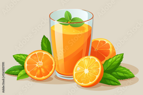 Fresh Orange Juice in Glass with Orange Slices and Mint Leaves