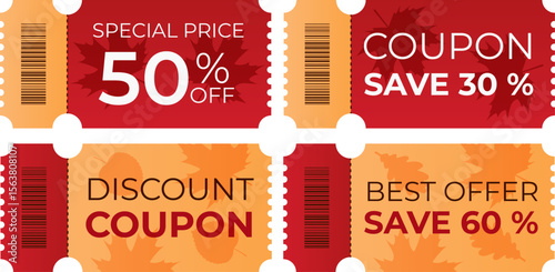 Vector set of discount coupon templates with sales and special offers for the autumn season.