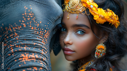 Close-up of girl and elephant sharing an emotional moment detailed skin texture and colorful attire white setting 