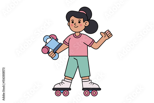 A cheerful cartoon girl wearing roller skates and holding another pair of roller skates ready for a fun day outdoors