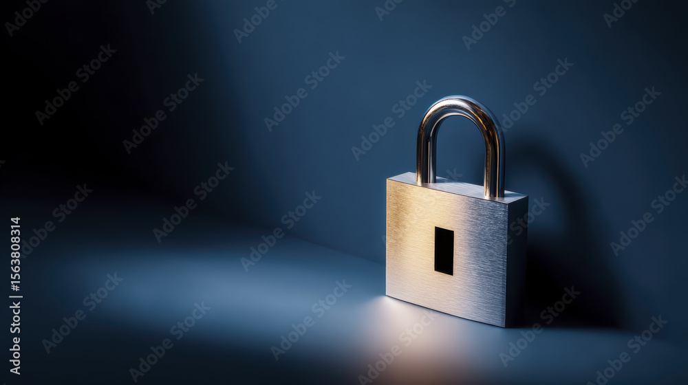Fototapeta premium Shiny metal padlock symbolizes cybersecurity in dimly lit setting, highlighting security and protection