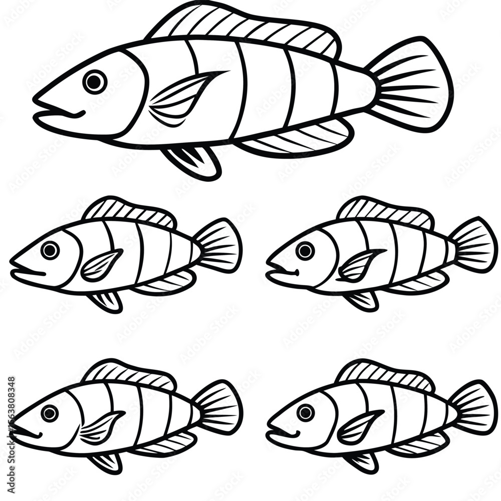 Naklejka premium Five stylized fish illustrations black and white aquatic