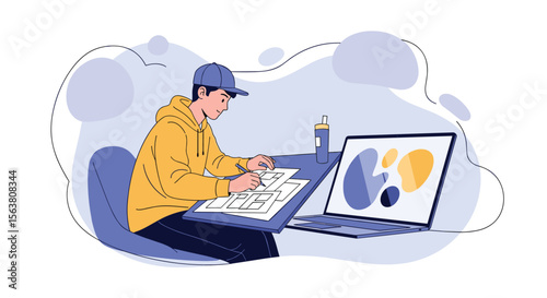 Young Artist Focused on Creative Design Work on Digital Tablet and Laptop Computer in a Well-Lit Studio Space