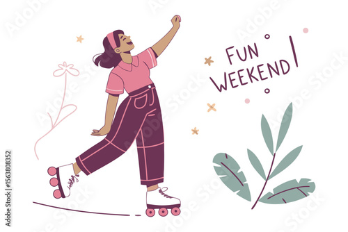 Joyful woman on roller skates with arms raised in celebration surrounded by playful decorative elements and the phrase fun weekend