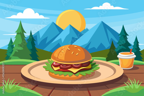 Delicious Burger and Drink Picnic in the Mountains