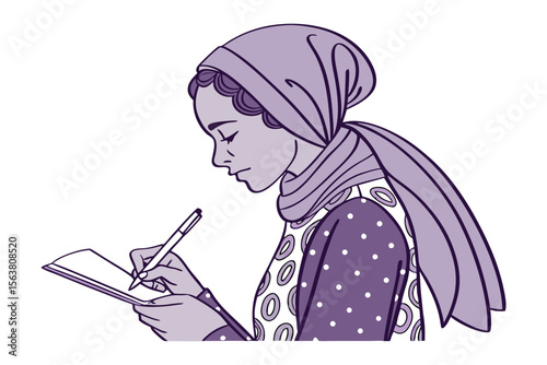 A focused young woman wearing a purple hijab and patterned clothing diligently writing in a notebook with a pen