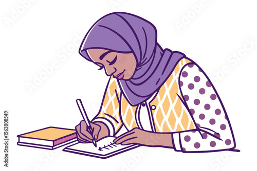 A young muslim woman wearing a purple hijab and a patterned shirt diligently writes in a notebook with a pen a book beside her