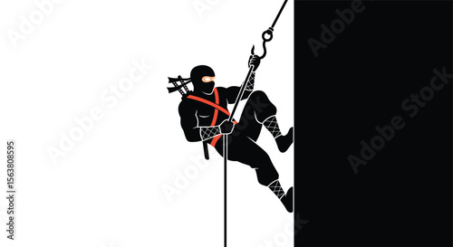 Agile Warrior Ascending Steep Vertical Surface Using Specialized Climbing Equipment with Determination and Skill