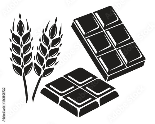 A delectable chocolate bar rests beside a set of black and white books, their pages interspersed with delicate leaves