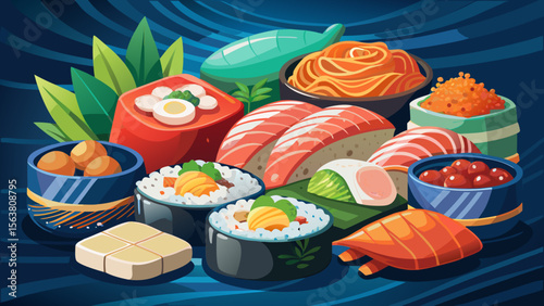 Colorful Variety of Sushi and Japanese Food