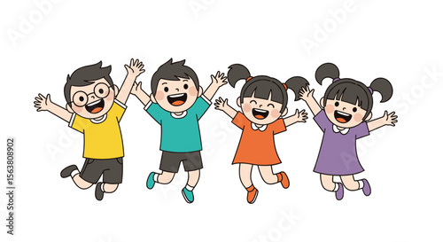 Four Happy Children Joyfully Jumping Up and Down Together in Celebration of Good Times