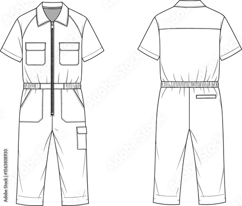 Short-sleeve jumpsuit technical sketch front and back view, zipper closure, collar neckline, multiple pockets, elastic back waist, fashion garment layout