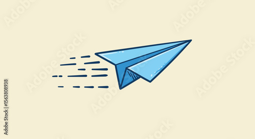 Hand drawn blue paper airplane flying with speed motion on cream background