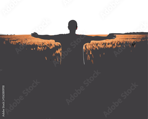 Romantic couple watches the sunset over a mountain silhouette in nature, a man sitting on a park bench, and a woman walking outdoors in the orange evening sky