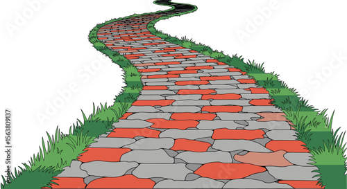 A Winding Path Made of Red and Gray Paving Stones Lined with Green Grass Leads Into the Distance
