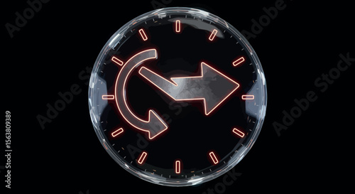 Neon effect circular clock with dynamic arrow design on black background